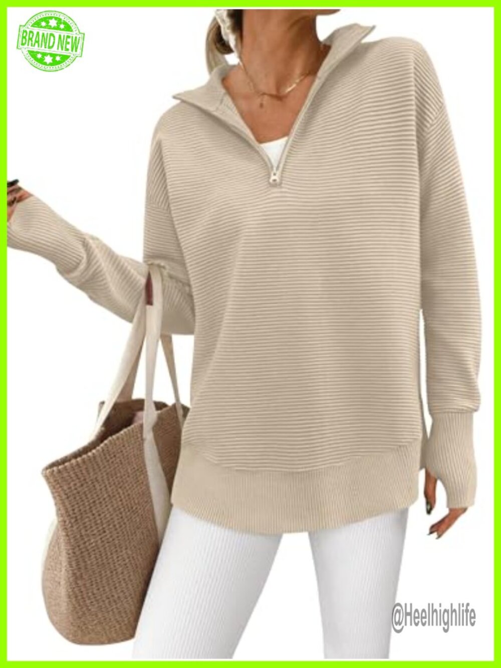 Ribbed knit quarter zip pullover sweater with thumb holes